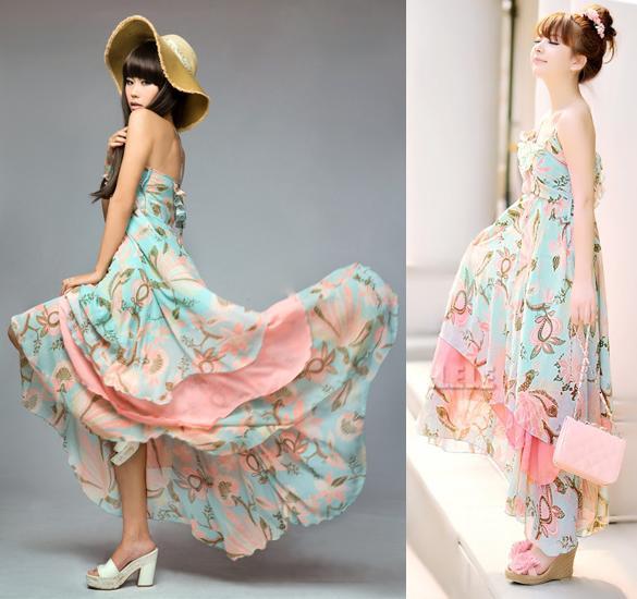 Korea Womens Bohemian BOHO Floral Maxi Chiffon Long Dress Skirt
