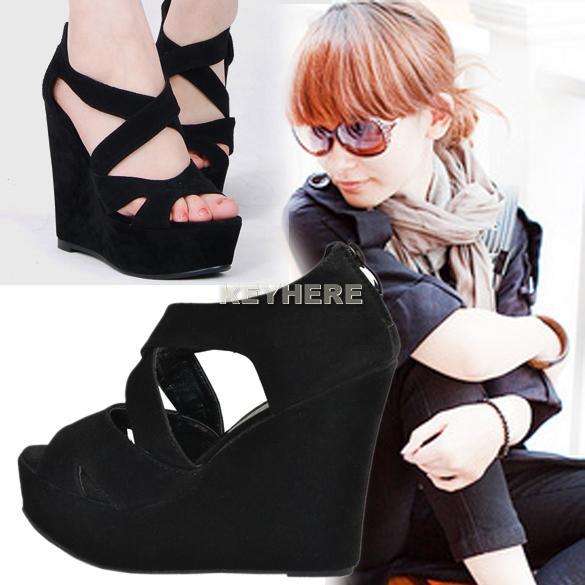 Women-039-s-High-Heels-Platform-Cross-Suede-Wedge-Peep-Toe-Sandals-Shoes-Ankle-Zip
